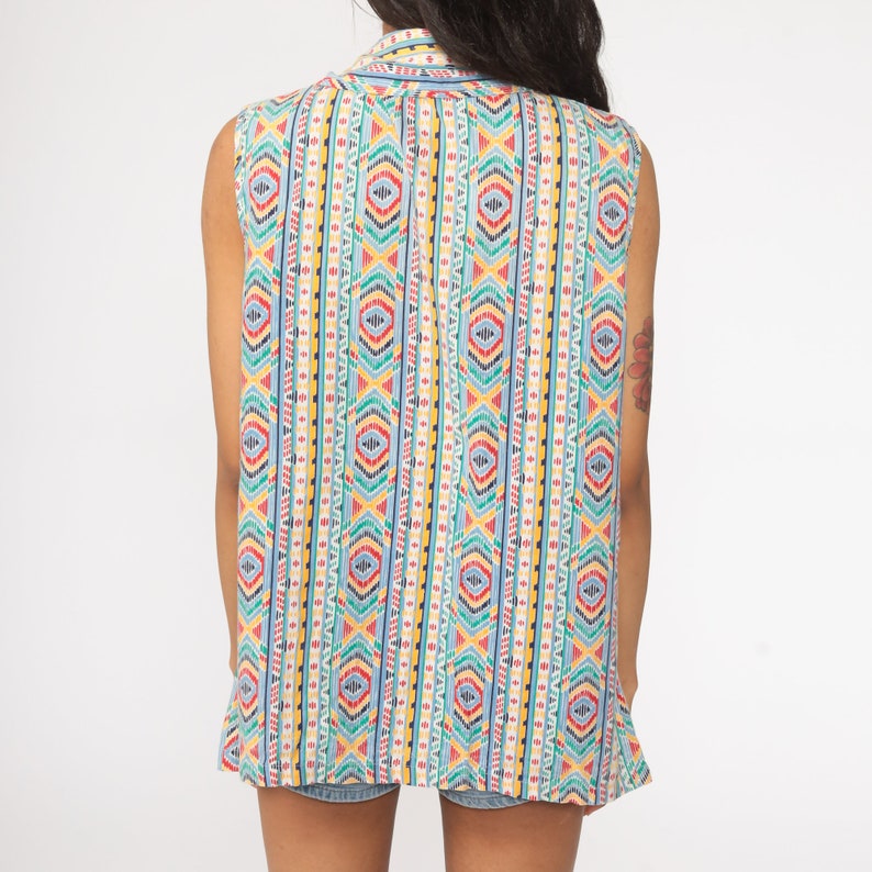 Tribal Top Aztec Shirt Geometric Blouse 70s Top Bohemian Shirt 1970s Hippie Sleeveless Button Up Boho Tank Top Retro Stripe large