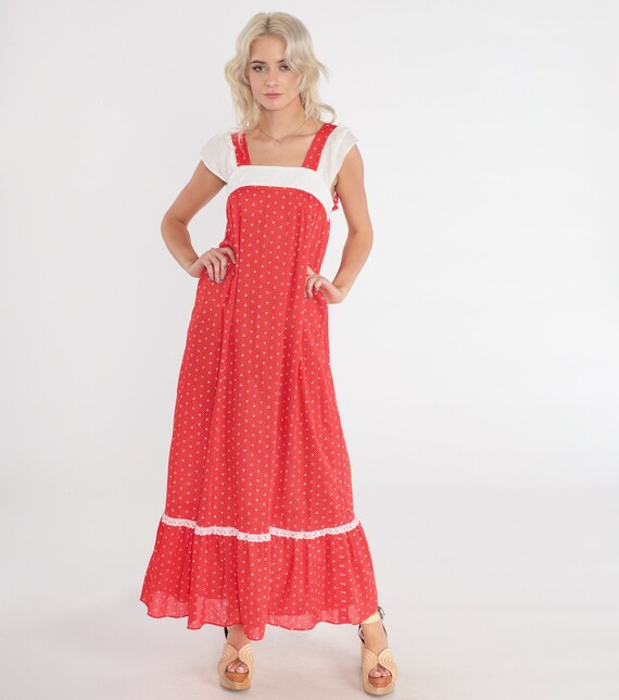70s Maxi Dress Red Sundress Eyelet Lace Polka Dot Bow Print Cottagecore Day Long Retro Hippie Boho Cap Sleeve Vintage 1970s Extra Small xs