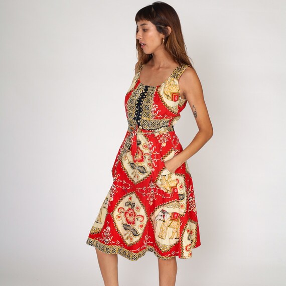Boho Sundress Y2k Midi Wrap Dress Red Batik Floral Elephant Print Sleeveless Boho Hippie Summer Sun Day Cotton Vintage 00s Medium Large