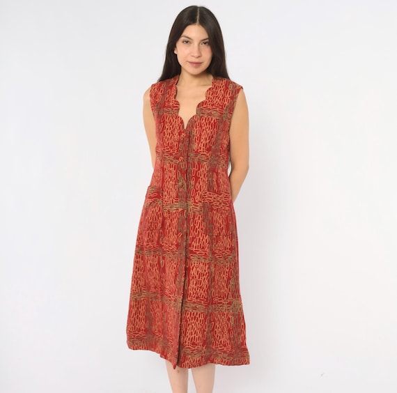 70s Red Midi Vest Dress Wool V Neck Button Front Beige Green Loop A Line Shift Mod Dark Academia Fall Autumn Winter Vintage Small S