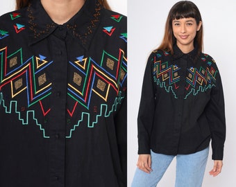 90s Beaded Southwest Shirt Black Embroidered Blouse Aztec Western Button Up Southwestern Blouse Vintage Boho Hippie Long Sleeve Large L