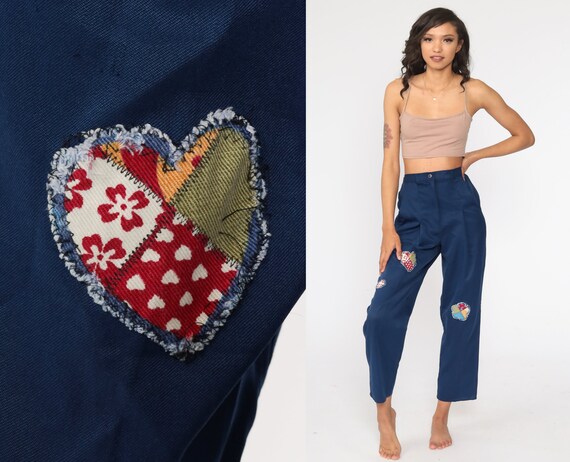 Patchwork Pants Blue Pleated Trousers High Waisted