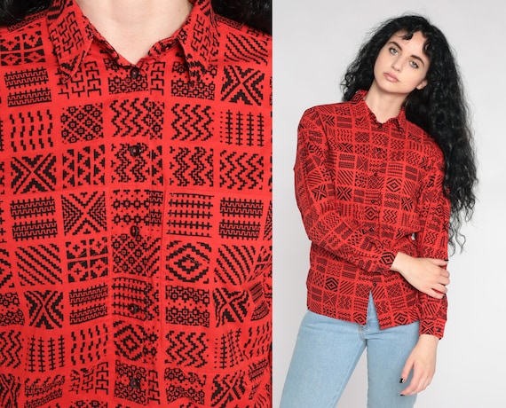 Geometric Button Up Shirt 80s Red Black Top Blouse Southwestern Long Sleeve Vintage 90s Southwest Zig Zag Pocket Shirt Retro Oversize Small