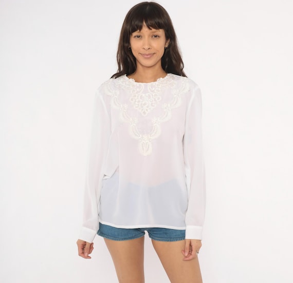 Lace Applique Blouse 80s White Sheer Chiffon Top Beaded Pearl Embroidered Ivory Long Sleeve Romantic Coquette  Vintage Shirt Large L