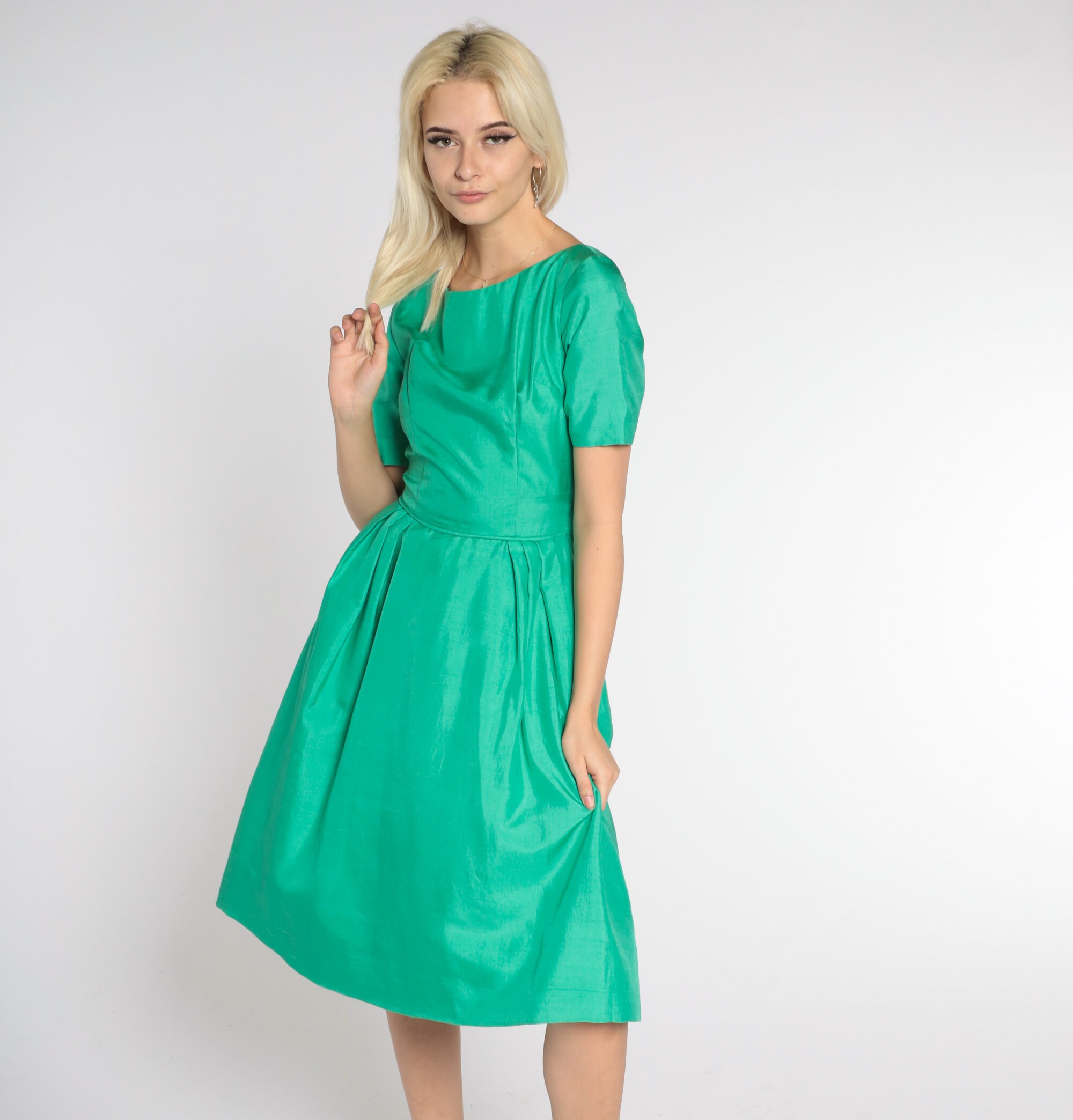 60s Party Dress Green Knee Length Dress Retro Mod High Waisted A Line Full Skirt Cocktail Prom Short Sleeve Vintage 1960s Extra Small Xs Etsy