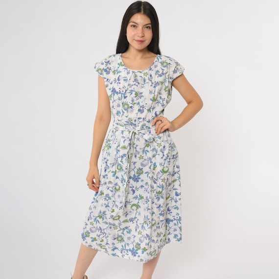 60s Wrap Dress Blue Floral Print Cap Sleeve Vintage Midi Tie Waist Round Neck Cotton Prairie Summer Garden Party Sweet Medium M