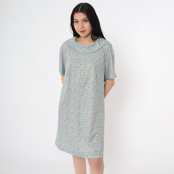 60s Blue Floral Shift Dress Mod Mini Print Hippie Vintage 1960s Gogo Twiggy Sixties Minidress Short Sleeve Large xl