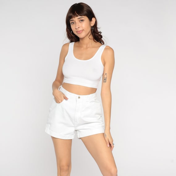 White Denim Shorts Y2K High Waisted Cuffed Jean Shorts Basic Normcore High Waist Retro Minimalist Plain Summer Shorts 00s Small Medium 28