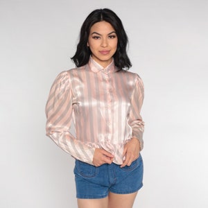 Striped Blouse 80s Pink Grey Peplum Shirt Long Puff Sleeve Top Retro Romantic Feminine Secretary Bohemian Shiny Vintage 1980s Extra Small XS