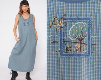 Embroidered Jumper Dress 90s Blue Checkered Maxi Dress Autumn Leaves Fall Tree Embroidery Print Sleeveless Side Slit Vintage 1990s Large L