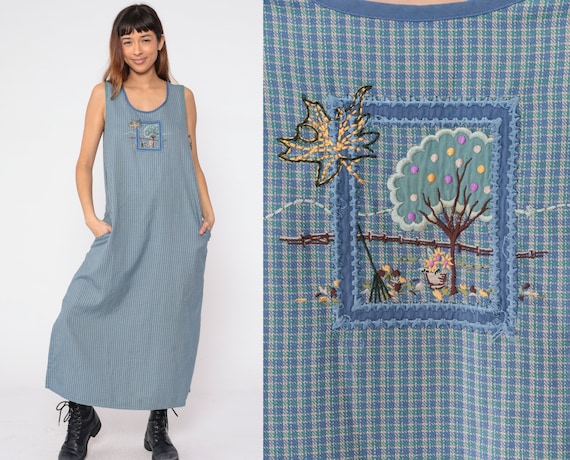 Embroidered Jumper Dress 90s Blue Checkered Maxi Dress Autumn Leaves Fall Tree Embroidery Print Sleeveless Side Slit Vintage 1990s Large L