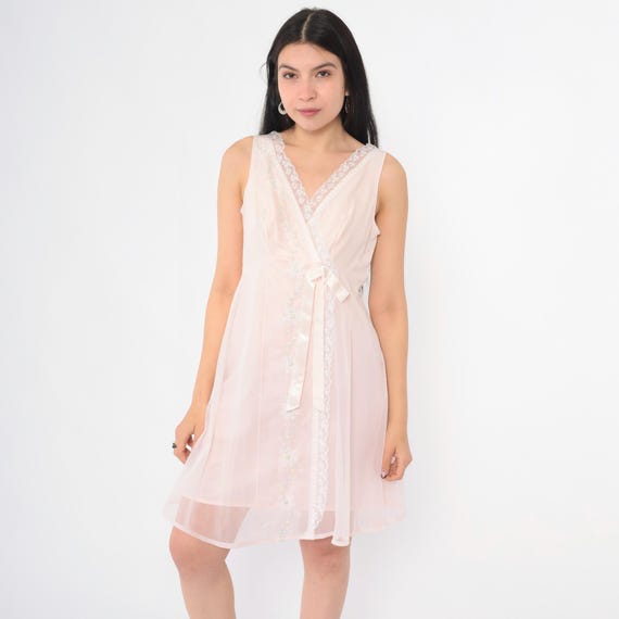 Vintage 60s Pastel Pink Nightgown Floral Embroidered Lingerie Slip Dress Babydoll Mini Bohemian 1960s Empire Waist Shadowline Ribbon Small