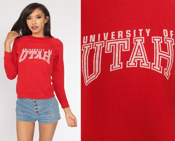 University Of Utah Sweatshirt 80s Distressed Red Sweatshirt College Shirt Slouchy Crewneck 1980s Vintage Extra Small xs