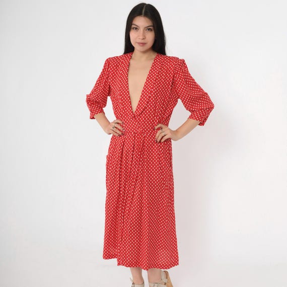 Vintage 80s Red Polka Dot Dress Deep V Neck Pleated Drop Waist 3/4 Puff Sleeve Midi 1980s Secretary Casual Small S