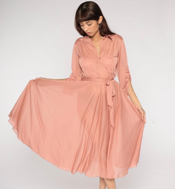 Shimmery Pink Dress 70s Semi-Sheer Midi Dress Retro Boho High Waisted Long Sleeve Romantic Summer Secretary Draped Vintage 1970s Medium M