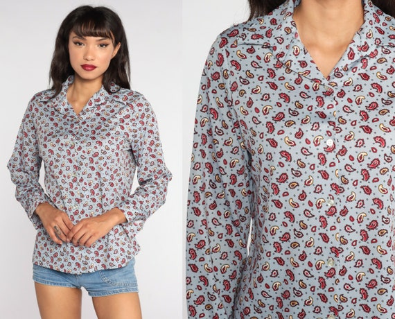 70s Paisley Shirt Blue Print Blouse Boho Disco Top Hippie 1970s Vintage Bohemian Button Up Hipster Psychedelic Long Sleeve Medium