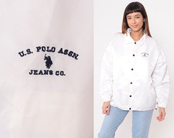 U.S. Polo Assn. Jacket 90s Shiny White Windbreaker Snap Up Jacket Nylon Lightweight Retro Preppy Polo Jeans Co Vintage 1990s Extra Large xl