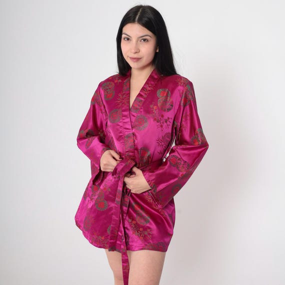 90s Kimono Robe Magenta Satin Embroidered Asian Floral Belted Wrap Vintage 1990s Short Sleeve Japanese Dressing Gown Boho Small Medium
