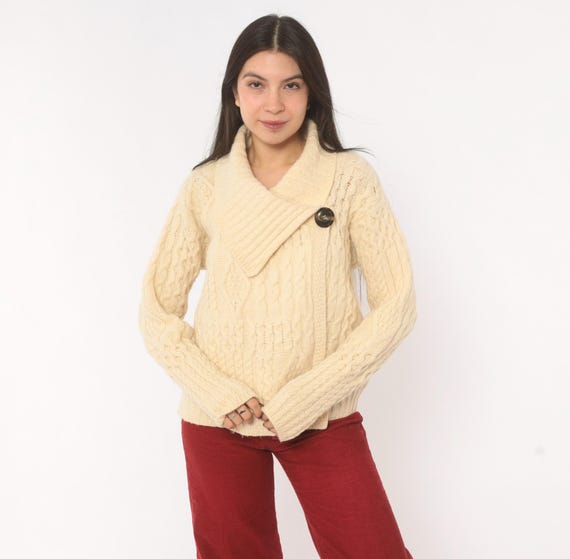 80s Aran Cable Knit Cardigan Cream Wool Shawl Collar Sweater Jacket Arancrafts Irish Fisherman Knitted Coat Dark Academia Winter Small S