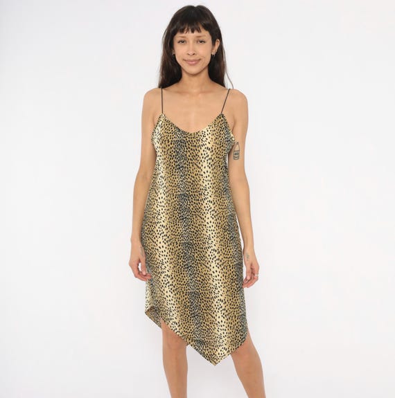 Cheetah Print Slip Dress 90s Animal Spot Spaghetti Strap Asymmetric Hem Knee Length Cami Tan Black Spotted Leopard Pattern Vintage Large L