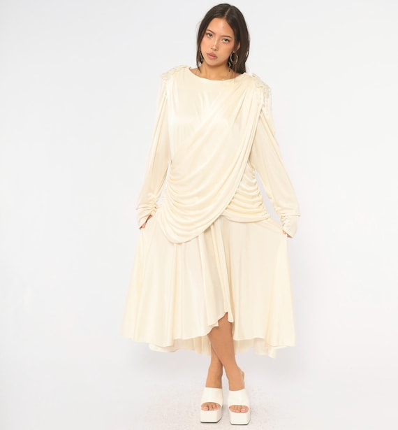 80s Cream Draped Dress Pearl Beaded Long Sleeve Midi Drop Waist Blouson Bridal Wedding Guest Formal Evening Party David Rose Vintage Large L