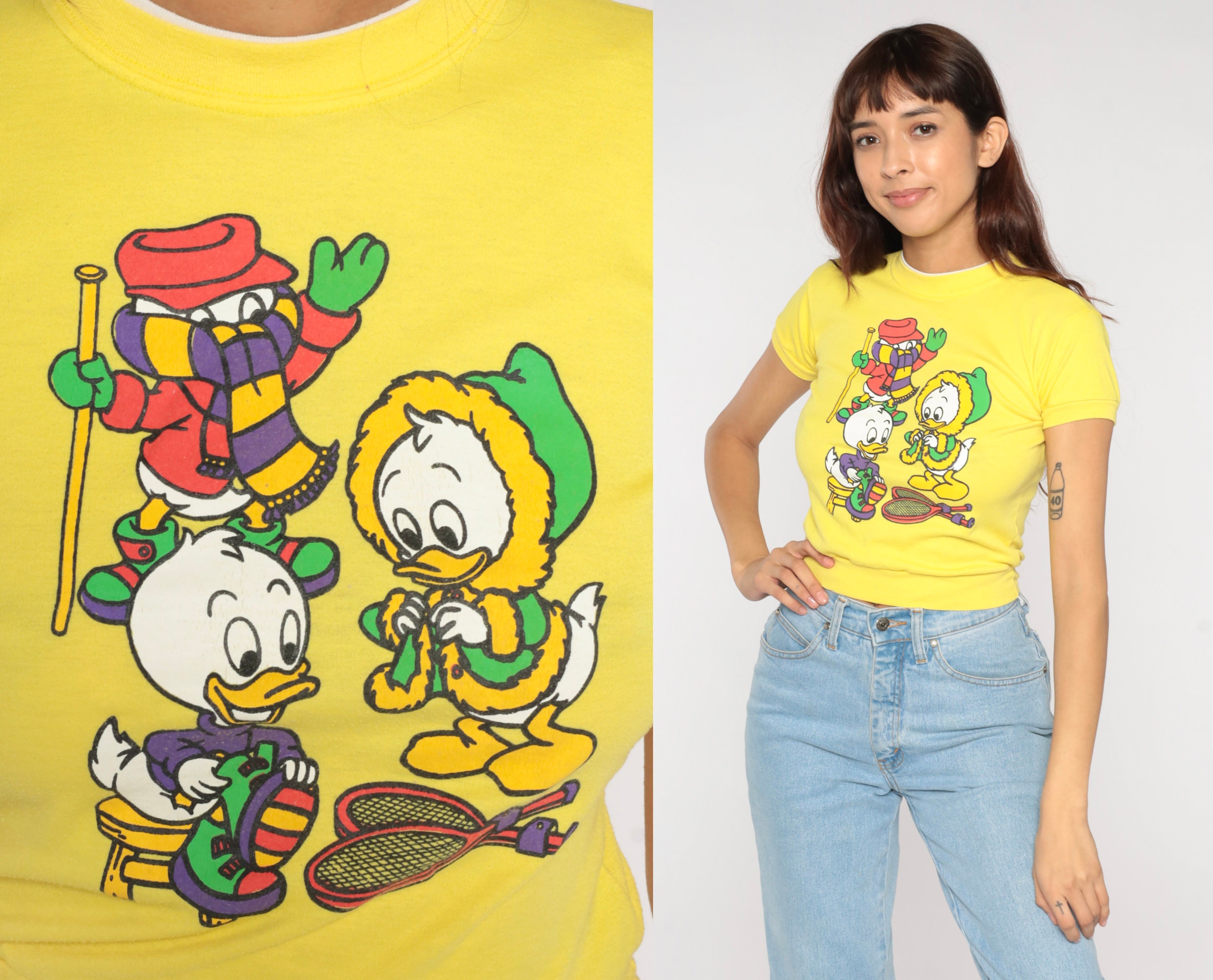 Kleding Meisjeskleding Tops & T-shirts T-shirts T-shirts met print Vintage jaren '80 Disney Mickey Mouse en Donald Duck Miami vice crop top single stitch t shirt 