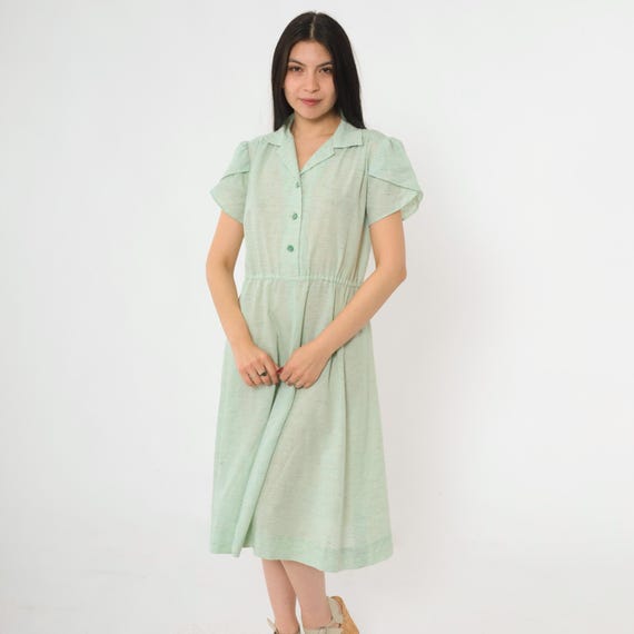 Vintage Puff Sleeve Shirt Dress 80s Green Flecked Midi Shirtdress Button Up High Waisted Tulip Sleeve Secretary Collared 1980s Medium M