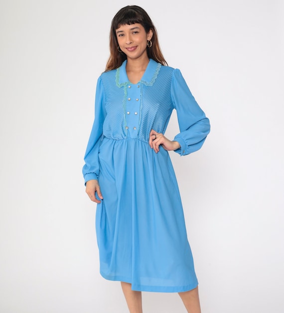 70s Midi Dress Blue Lace Trim Double Breasted Shirtwaist Puff Sleeve Dress Pintucked Button Up Shirtdress High Waisted 1970s Vintage Medium