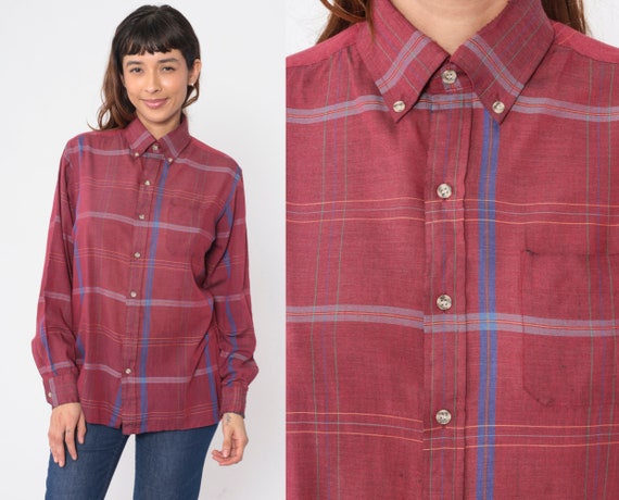 Burgundy Plaid Shirt 80s Button Up Shirt Blue Checkered Print Retro Long Sleeve Collared Top Preppy Streetwear Vintage 1980s Arrow Medium