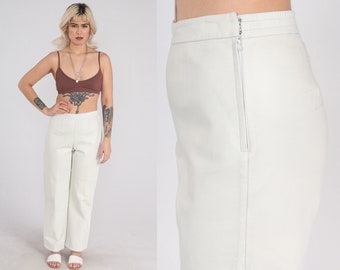 White Leather Pants Y2k High Waisted Rise Pants Straight Leg Trousers Retro Basic Rocker Festival Newport News Vintage 00s Small S 28