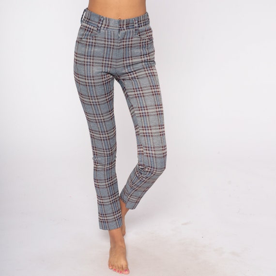 70s Plaid Paints Punk Farah Trousers Tapered Leg Pants Skinny High Waist Chic Slim Pants Boho Retro Preppy Vintage 1970s Extra Small xs