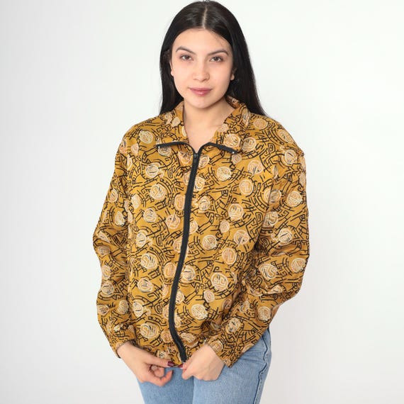 90s Silk Windbreaker Mustard Yellow Geometric Jacket Asian Symbol Zip Up Jacket Retro Lightweight Shell Vintage 1990s Oversized Small