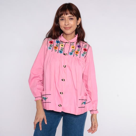 70s Mexican Embroidered Pink Blouse Floral Peter Pan Collar Ruffle Cuff Long Sleeve Peasant Cotton Cottagecore Prairie Top Extra Small XS