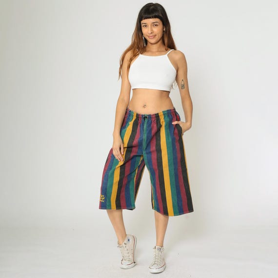 Vintage 90s Striped Denim Shorts Venetian Paradise Multicolor High Drawstring Waist Baggy Skater 1990s Streetwear Bags Of Flavor OS S M L