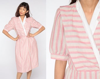 Striped Puff Sleeve Dress 80s Midi Dress Pink Wrap Dress V Neck Dress High Waisted Secretary Dress Vintage 1980s Medium