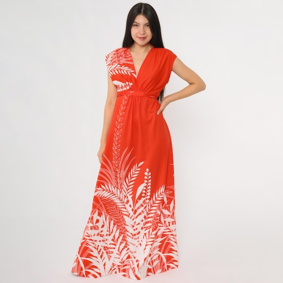 Hawaiian Maxi Dress 70s Penneys Hawaii Red Orange Tropical Palm Print Empire Waist Lounge Resort Vacation Garden Party Sunset Medium M 16