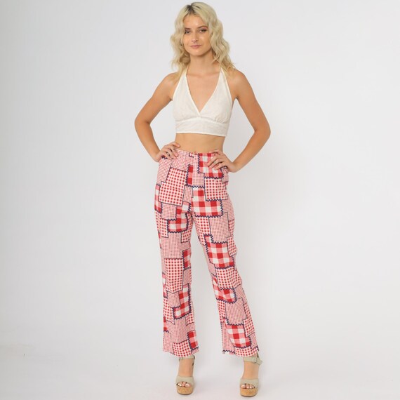 70s Patchwork Pants Red Gingham Check Vintage High Rise Wide Leg Straight Fit Cottagecore Prairie Style Artisanal Cotton Extra small XS 24