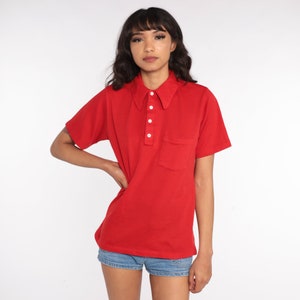 Red Polo Shirt 70s Half Button Up Shirt Collared Short Sleeve Geek Retro Shirt Plain Forest Green Top Disco Vintage 1970s Medium Large