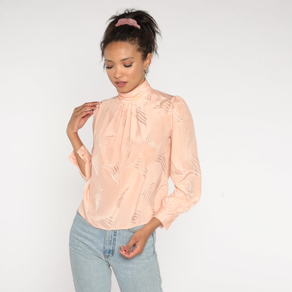 Peach Embossed Blouse 80s Geometric Puff Sleeve Shirt Vintage Pink High Mock Neck Secretary Button Back Silky Long Sleeve Small 4