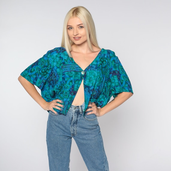Boho Blouse 90s Blue Green Floral Top Open Front Button Up Shirt Retro Hippie Festival Short Sleeve Summer Boho 1990s Vintage 2xl xxl 20w