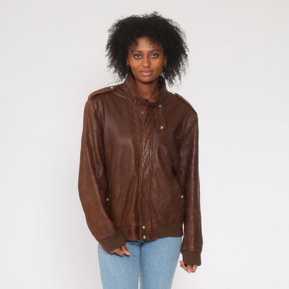Leather Pilot Jacket 44 Brown Leather Biker 80s Moto Bomber Coat Motorcycle Cafe Racer Jacket Flight 1980s Vintage Men's Large 44