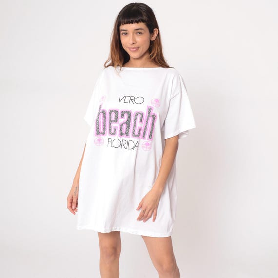 90s Beach Dress White Cotton Florida Vero Knee Length Graphic Tee Shirt Vacation Summer Tourist Souvenir Y2K Loungewear Nightie Large L