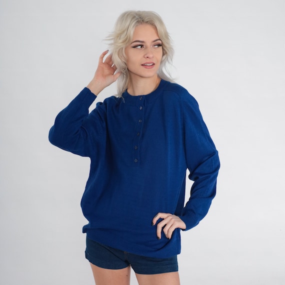 Blue Henley Sweater 80s Knit Button Up Pullover Sweater Retro Basic Preppy Plain Solid Minimalist Knitwear Top Vintage 1980s Acrylic Medium