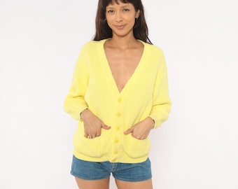 80s Butter Yellow Cardigan Benetton Button Front Knit Sweater Cotton Chunky Ribbed Lemon Collegiate Preppy Grandpa Gold Vintage Large L
