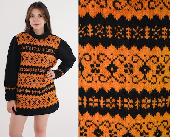 Fair Isle Sweater 80s Orange Black Norwegian Sweater Geometric Mock Neck Nordic Ski Bohemian 1980s Knit Retro Striped Pullover Medium Large