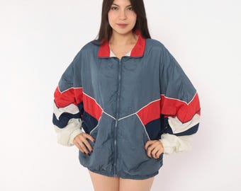 90s Windbreaker Jacket Blue Red Color Block Chevron Full Zip Track Coat Navy Cream White Sporty Athletic Unisex Vintage Extra Large XL