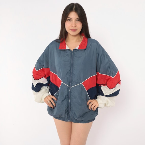 90s Windbreaker Jacket Blue Red Color Block Chevron Full Zip Track Coat Navy Cream White Sporty Athletic Unisex Vintage Extra Large XL