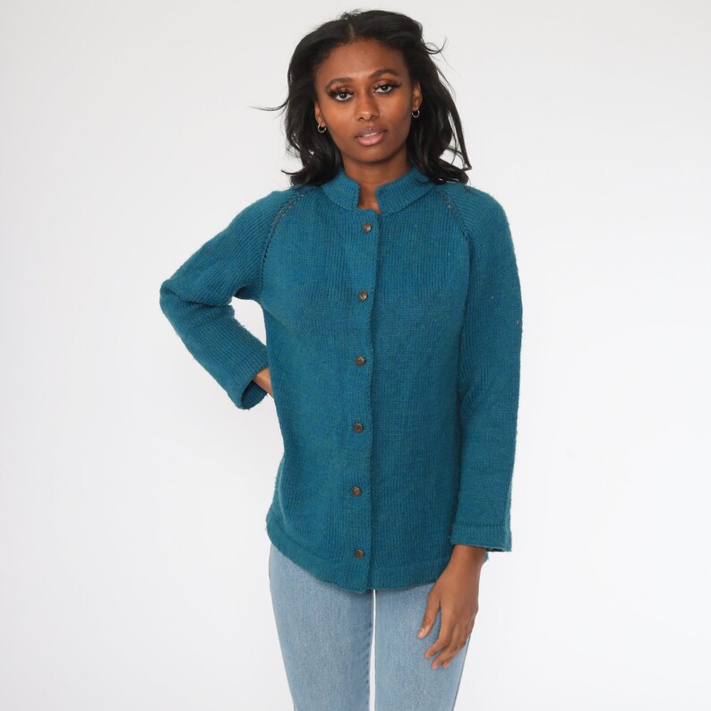Blue Cardigan Sweater 70s Sweater Raglan Sleeve Plain Wool Blend Button Up Grandma Sweater Slouchy Boho Vintage 80s Bohemian Medium image 3