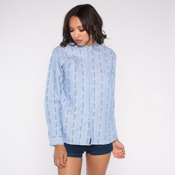 70s Shirt Blue Striped Floral Ribbon Print Button Up Shirt Retro Hippie Long Sleeve Banded Collar Polka Dot Disco Top Vintage 1970s Medium M