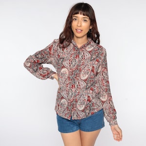 80s Blouse Paisley Shirt Button Up Shirt Long Sleeve Top Psychedelic Shirt Boho 1980s Vintage Bohemian Medium